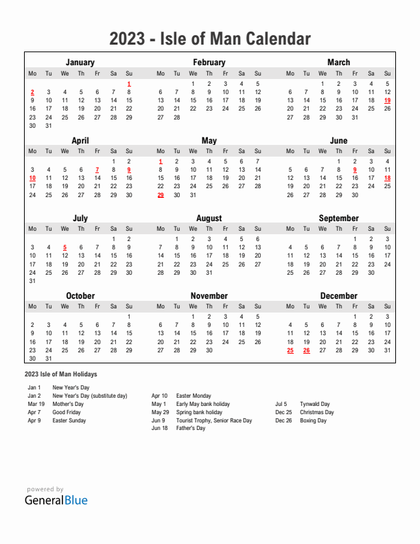 Year 2023 Simple Calendar With Holidays in Isle of Man