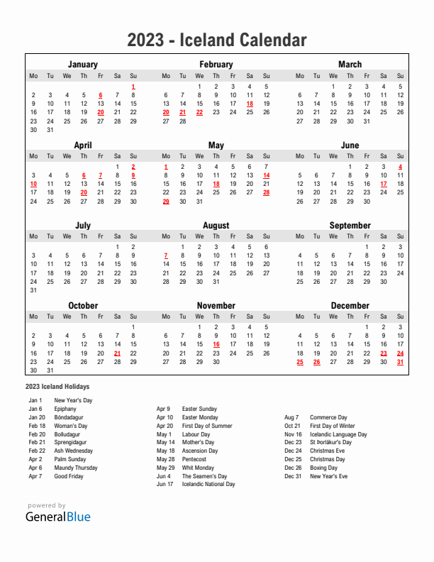 Year 2023 Simple Calendar With Holidays in Iceland