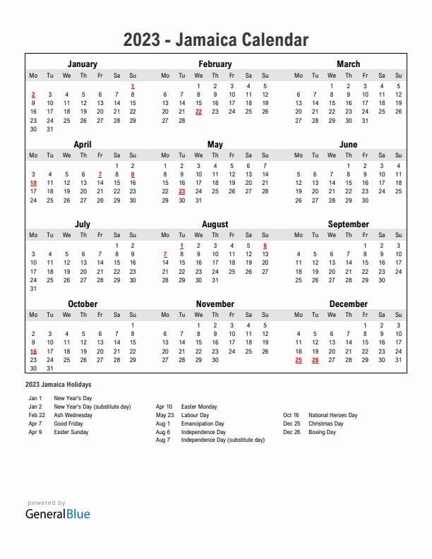 Year 2023 Simple Calendar With Holidays in Jamaica