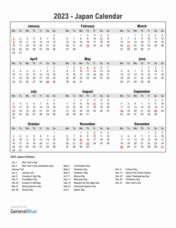 Year 2023 Simple Calendar With Holidays in Japan