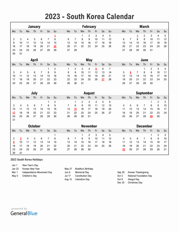 Year 2023 Simple Calendar With Holidays in South Korea