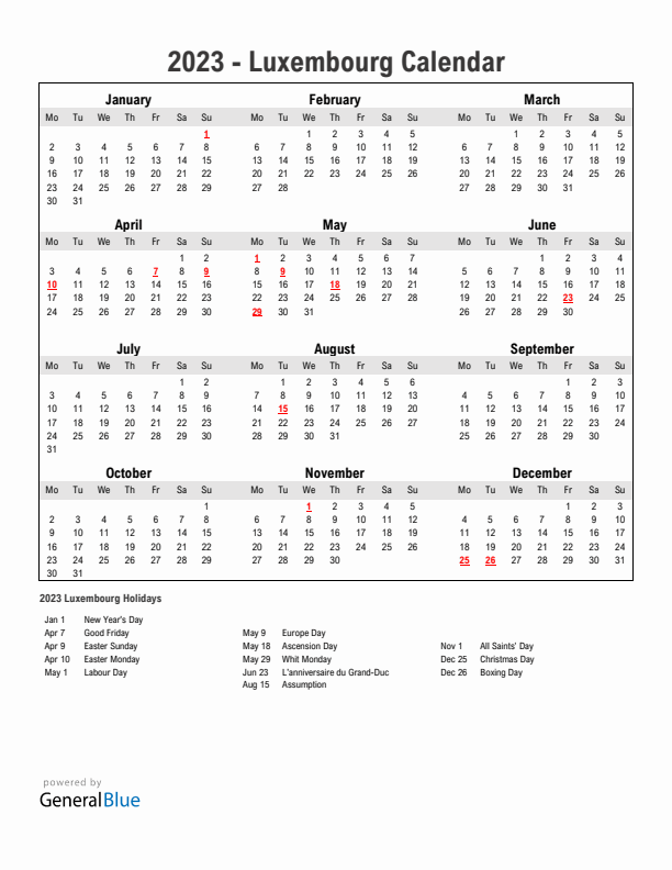 Year 2023 Simple Calendar With Holidays in Luxembourg