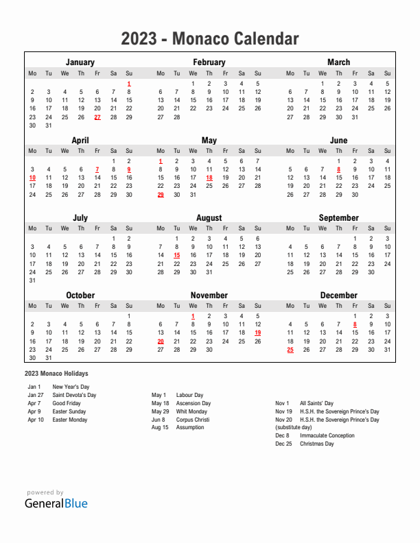 Year 2023 Simple Calendar With Holidays in Monaco