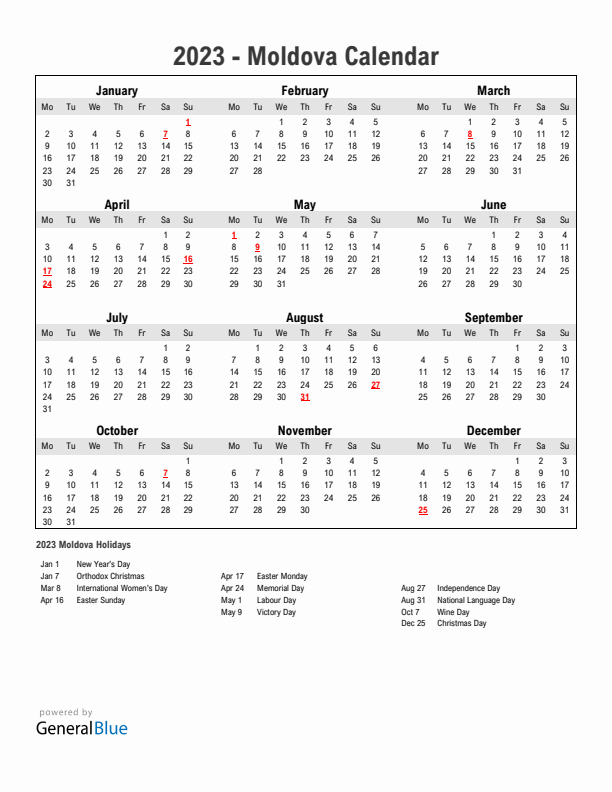 Year 2023 Simple Calendar With Holidays in Moldova