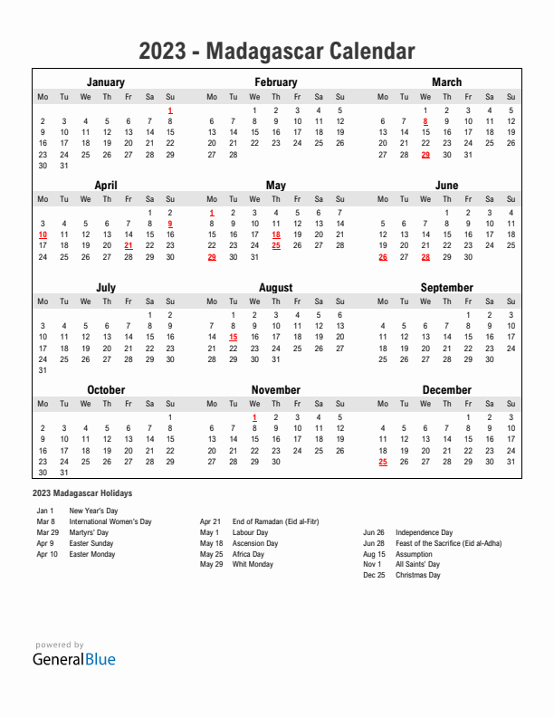 Year 2023 Simple Calendar With Holidays in Madagascar