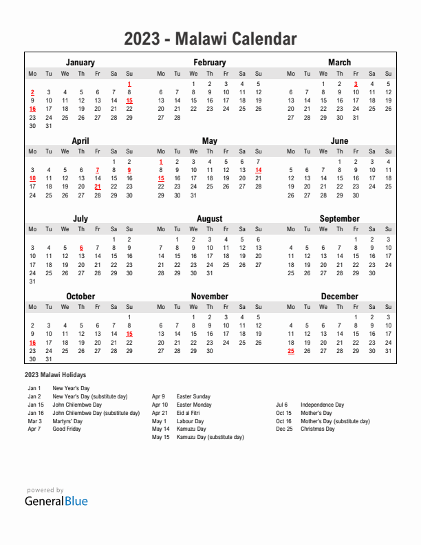 Year 2023 Simple Calendar With Holidays in Malawi