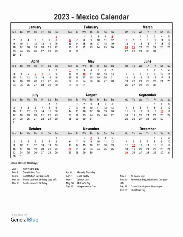 Year 2023 Simple Calendar With Holidays in Mexico