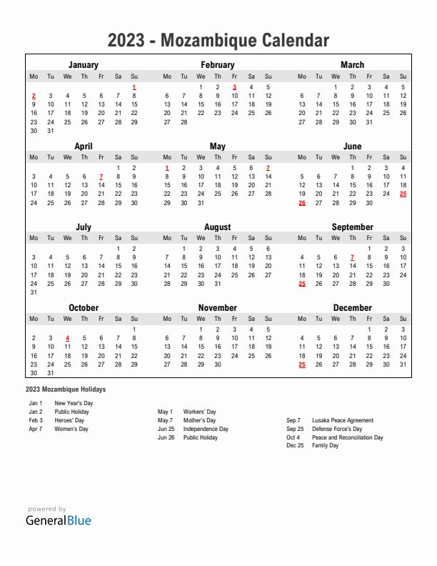 Year 2023 Simple Calendar With Holidays in Mozambique