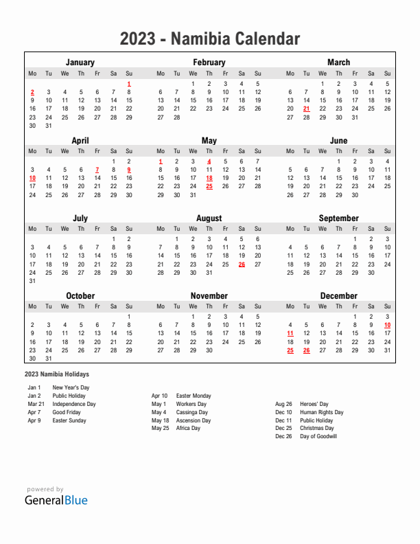 Year 2023 Simple Calendar With Holidays in Namibia