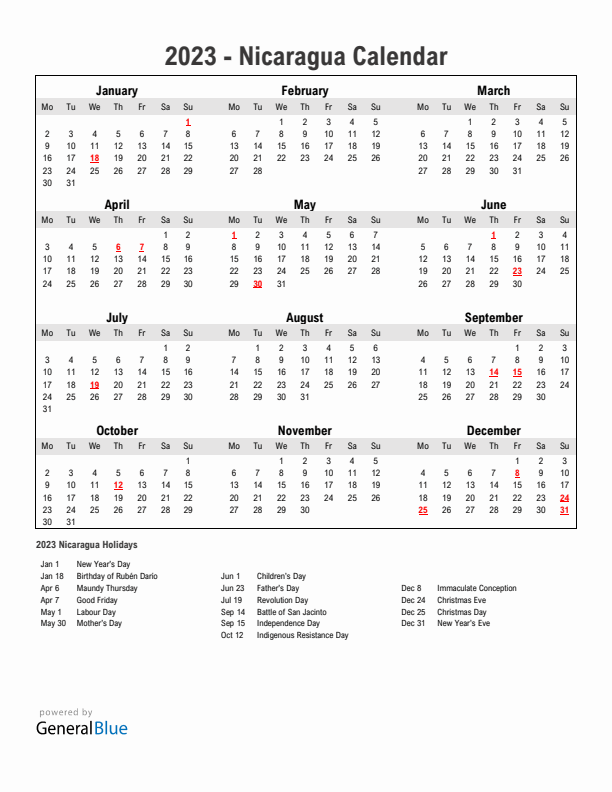 Year 2023 Simple Calendar With Holidays in Nicaragua