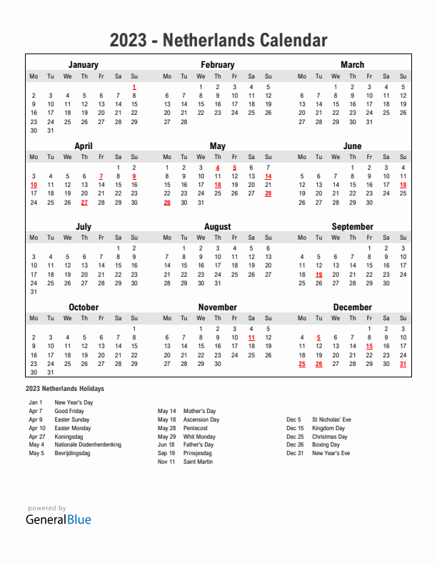 Year 2023 Simple Calendar With Holidays in The Netherlands