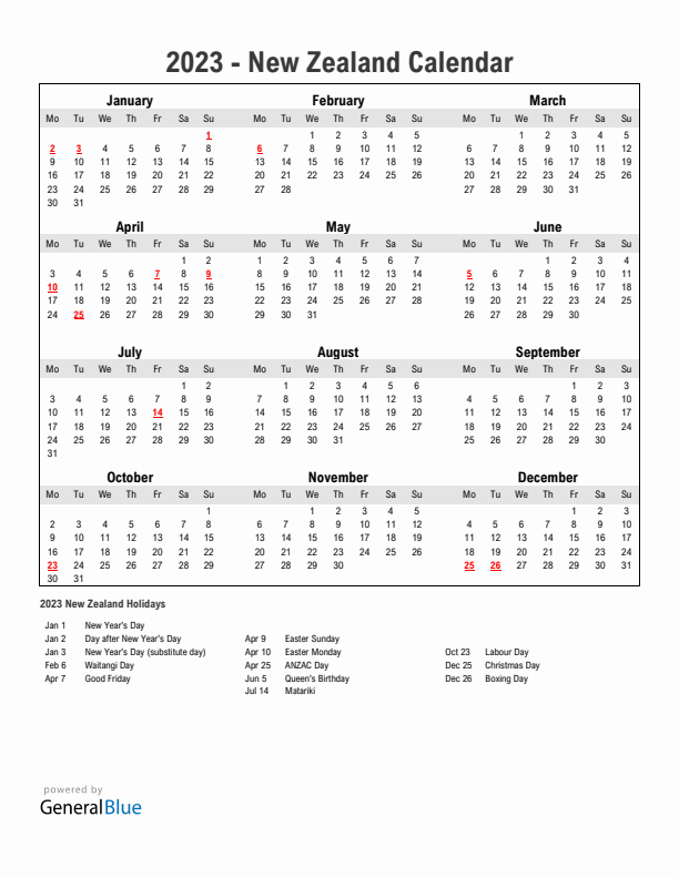 Year 2023 Simple Calendar With Holidays in New Zealand