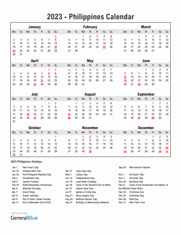Year 2023 Simple Calendar With Holidays in Philippines