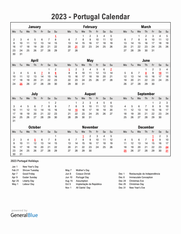 Year 2023 Simple Calendar With Holidays in Portugal