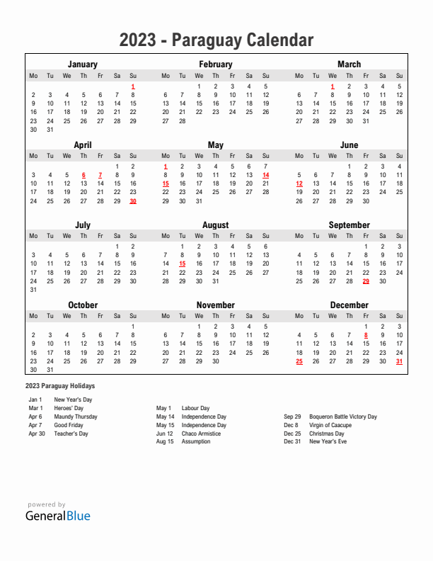 Year 2023 Simple Calendar With Holidays in Paraguay