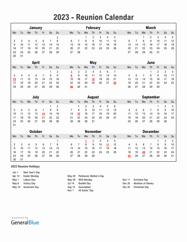 Year 2023 Simple Calendar With Holidays in Reunion