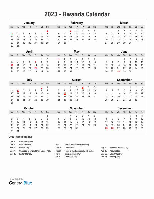 Year 2023 Simple Calendar With Holidays in Rwanda