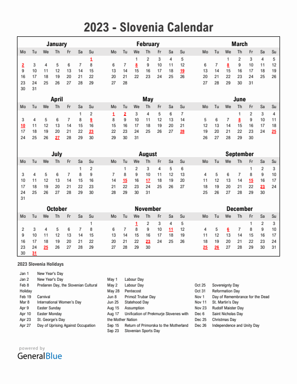 Year 2023 Simple Calendar With Holidays in Slovenia