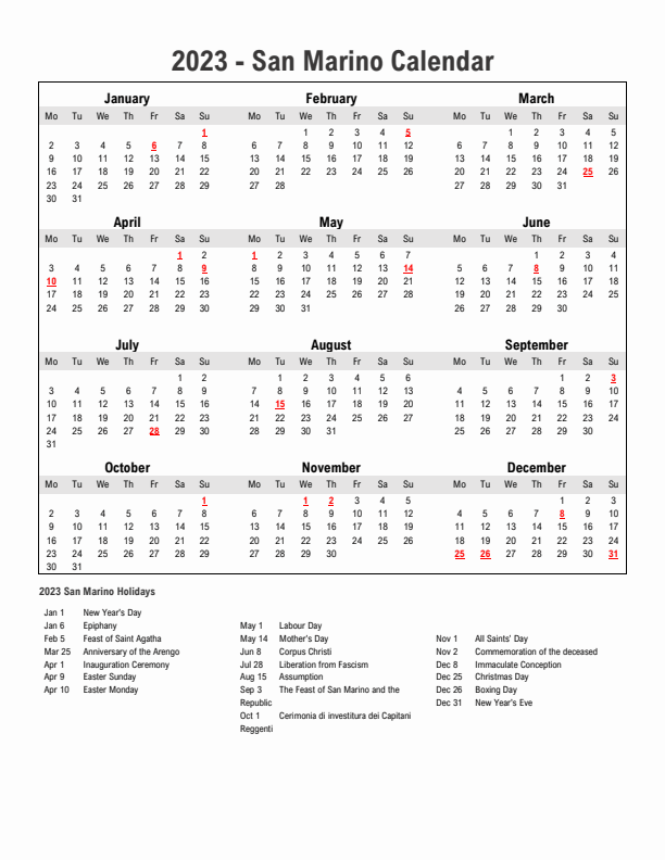 Year 2023 Simple Calendar With Holidays in San Marino
