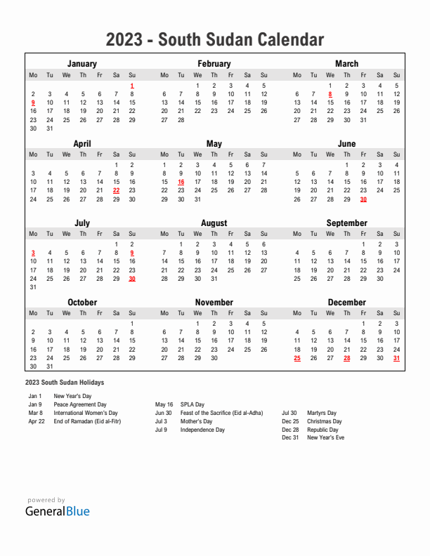 Year 2023 Simple Calendar With Holidays in South Sudan