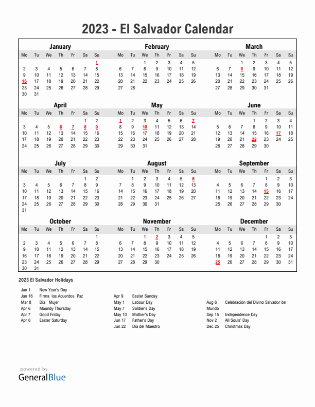 Year 2023 Simple Calendar With Holidays in El Salvador