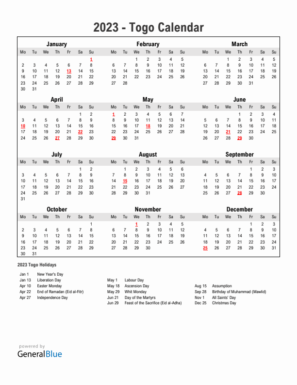 Year 2023 Simple Calendar With Holidays in Togo