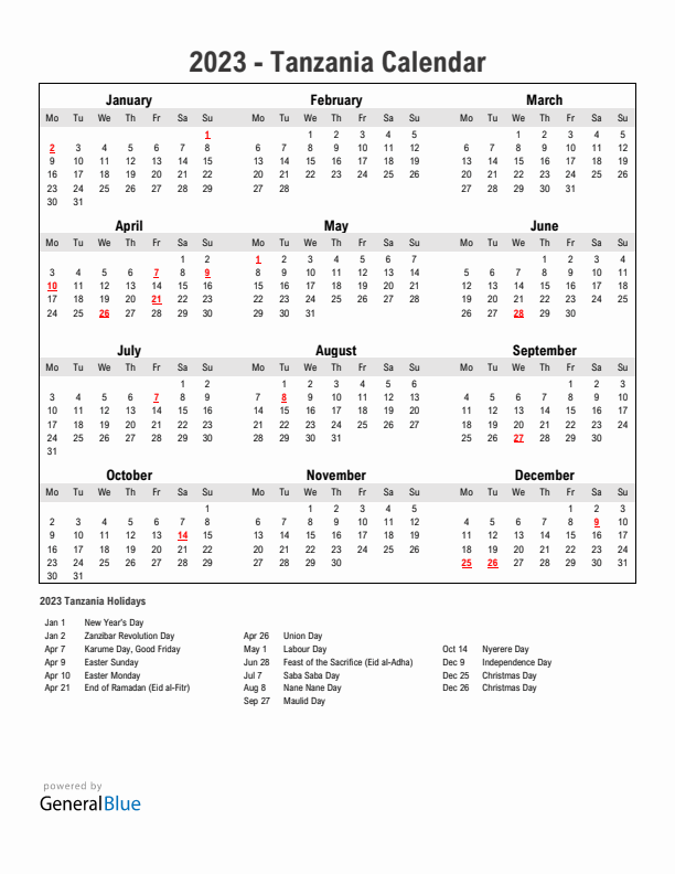 Year 2023 Simple Calendar With Holidays in Tanzania