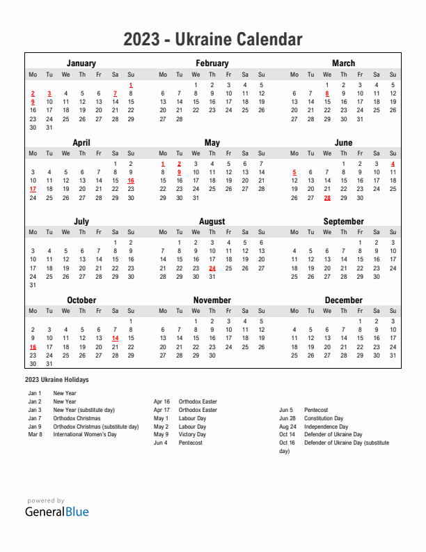 Year 2023 Simple Calendar With Holidays in Ukraine