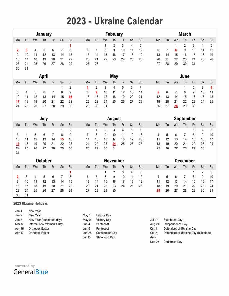 Year 2023 Simple Calendar With Holidays In Ukraine   2023 Calendar Simple With Holidays Portrait Monday Start En Ua 918x1188 