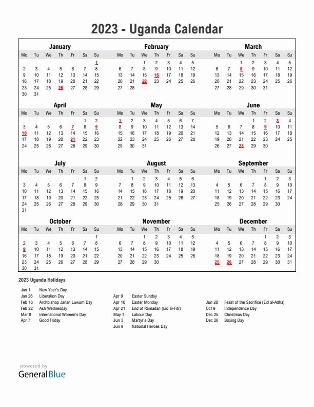 2023 Uganda Calendar With Holidays 1611