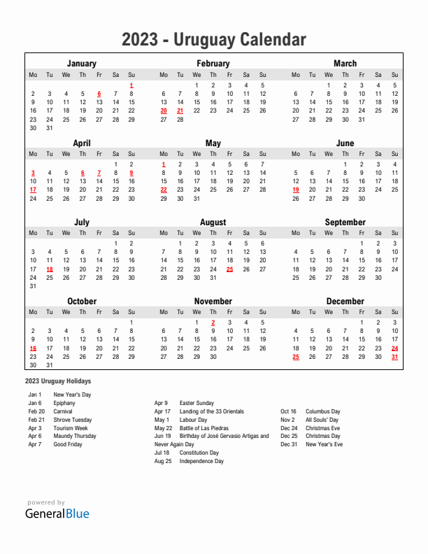 Year 2023 Simple Calendar With Holidays in Uruguay