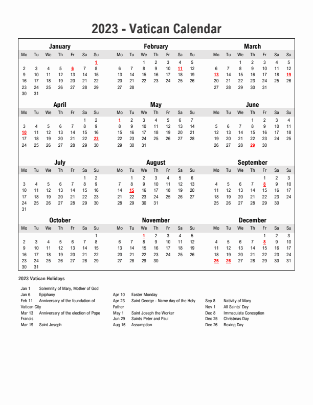 Year 2023 Simple Calendar With Holidays in Vatican