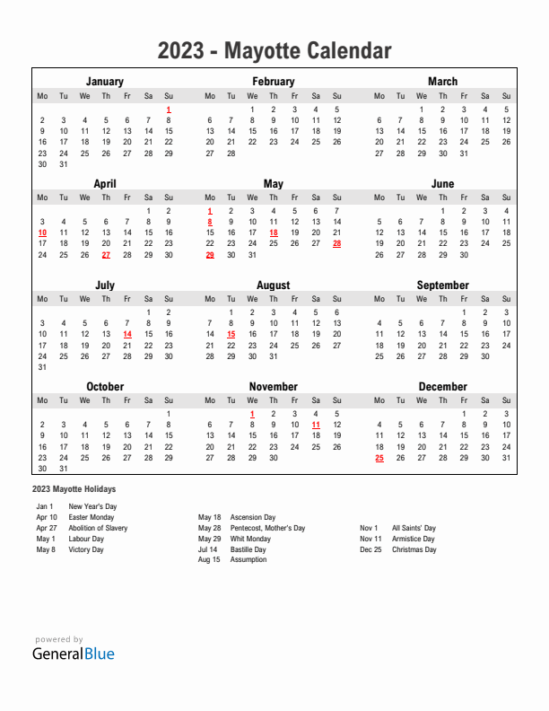 Year 2023 Simple Calendar With Holidays in Mayotte