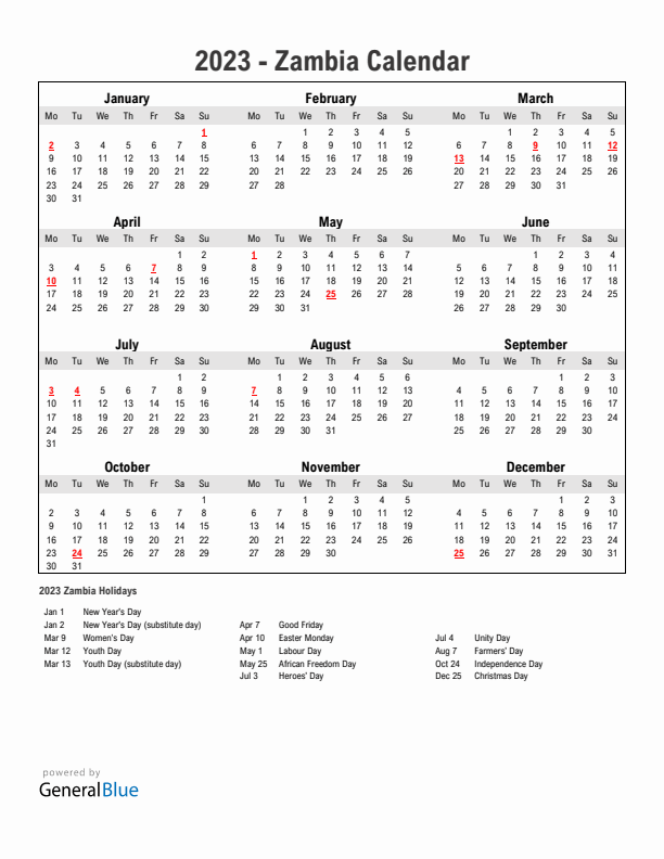 Year 2023 Simple Calendar With Holidays in Zambia
