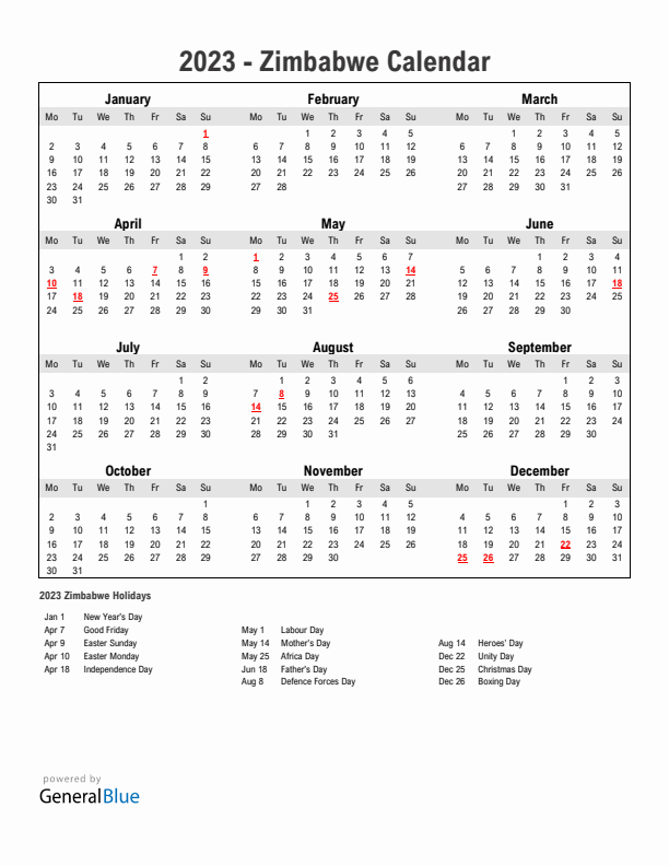 Year 2023 Simple Calendar With Holidays in Zimbabwe