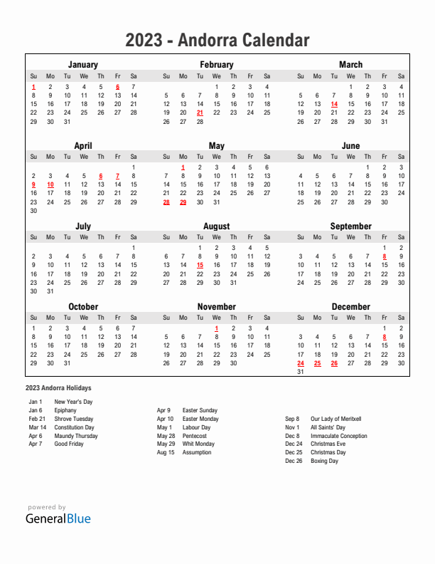 Year 2023 Simple Calendar With Holidays in Andorra