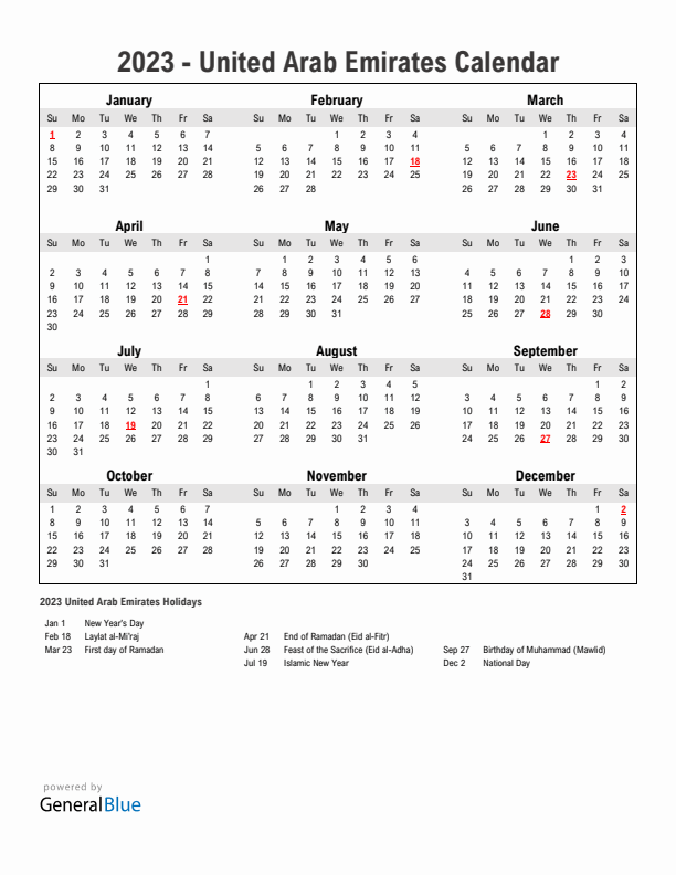 Year 2023 Simple Calendar With Holidays in United Arab Emirates