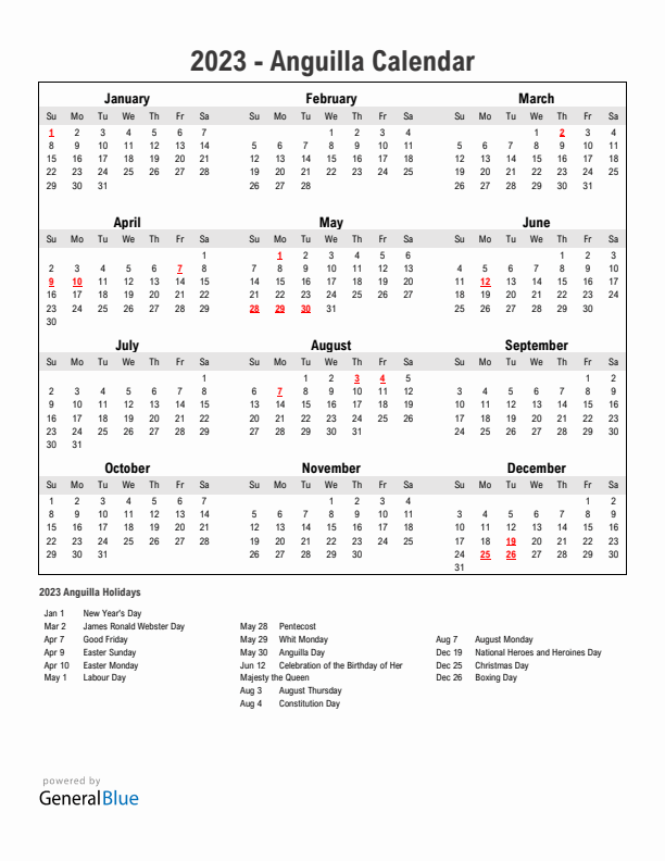 Year 2023 Simple Calendar With Holidays in Anguilla