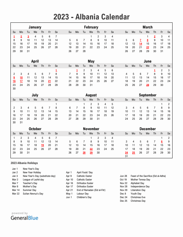Year 2023 Simple Calendar With Holidays in Albania