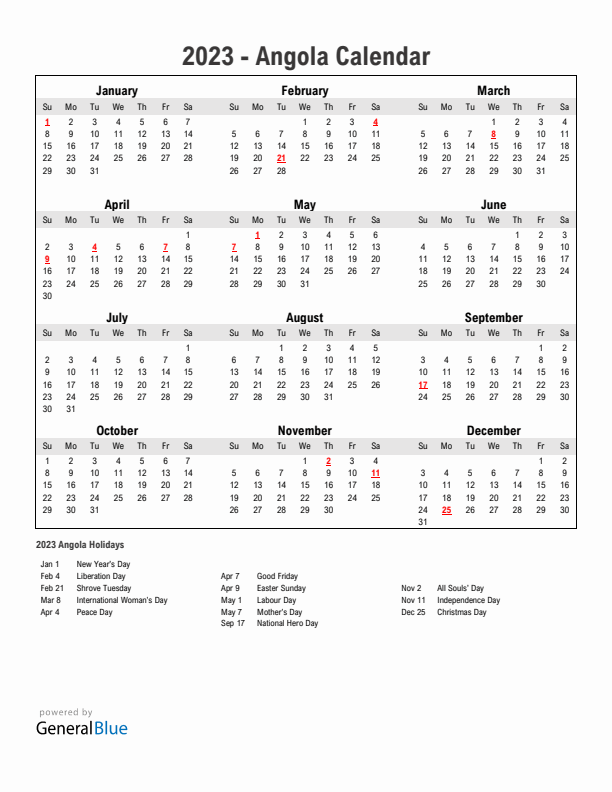 Year 2023 Simple Calendar With Holidays in Angola