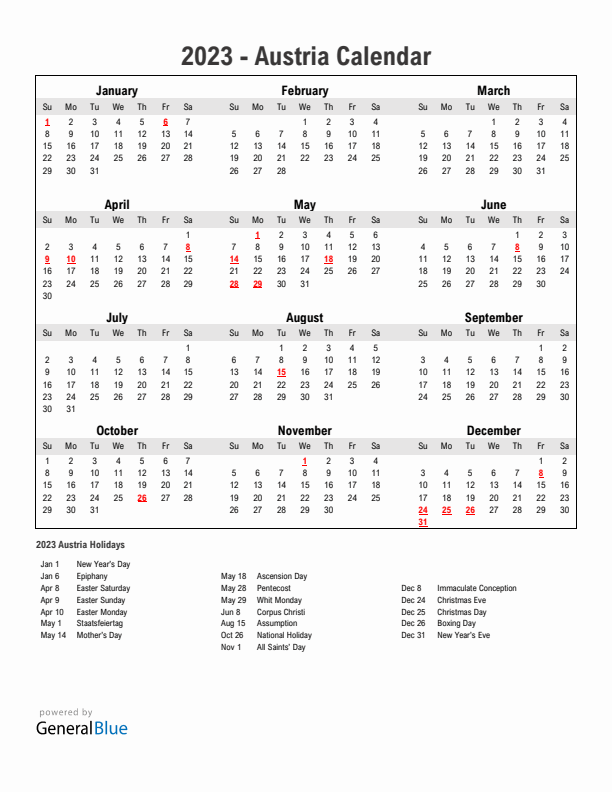 Year 2023 Simple Calendar With Holidays in Austria