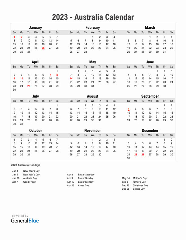Year 2023 Simple Calendar With Holidays in Australia