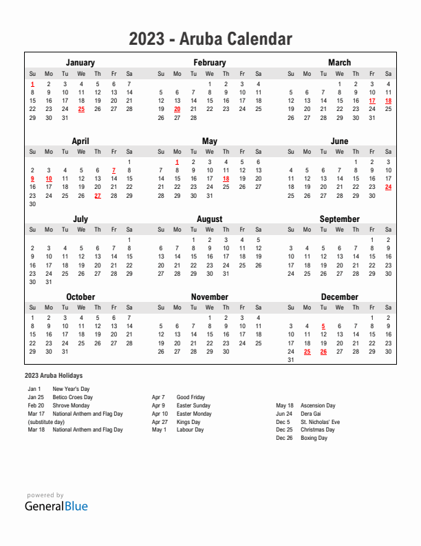 Year 2023 Simple Calendar With Holidays in Aruba