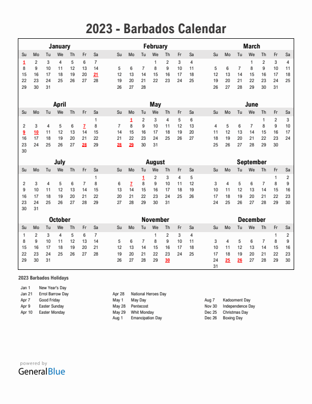Year 2023 Simple Calendar With Holidays in Barbados