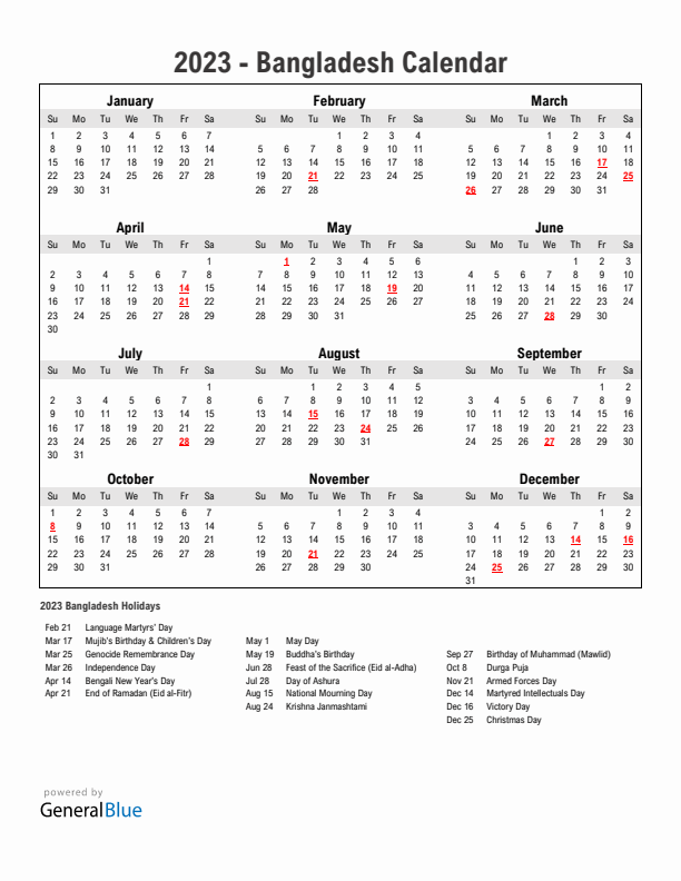 Year 2023 Simple Calendar With Holidays in Bangladesh