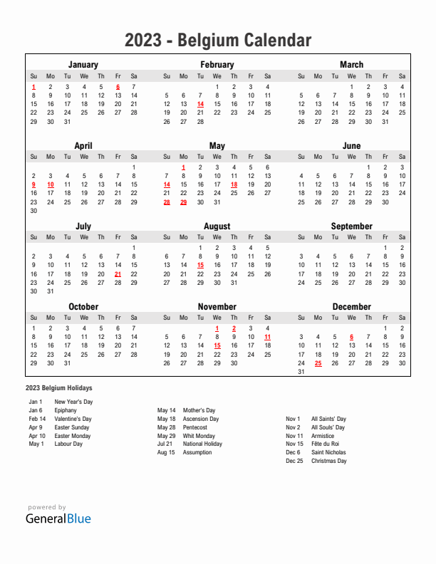 Year 2023 Simple Calendar With Holidays in Belgium