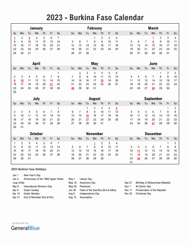 Year 2023 Simple Calendar With Holidays in Burkina Faso
