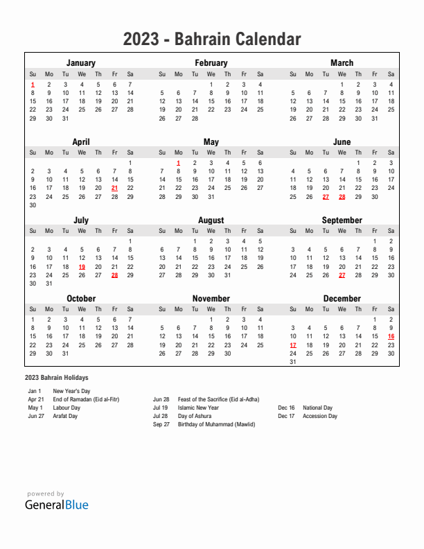 Year 2023 Simple Calendar With Holidays in Bahrain