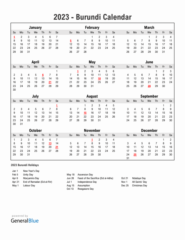 Year 2023 Simple Calendar With Holidays in Burundi
