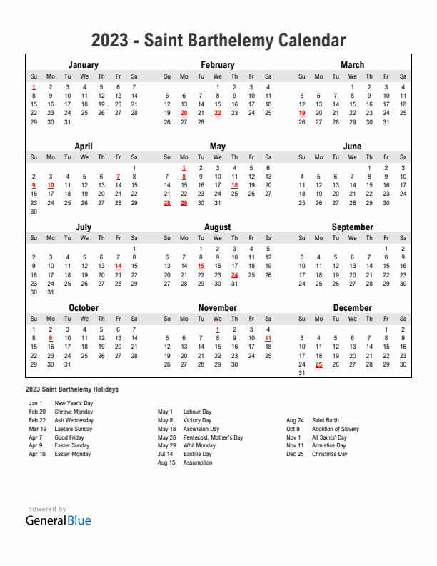 Year 2023 Simple Calendar With Holidays in Saint Barthelemy
